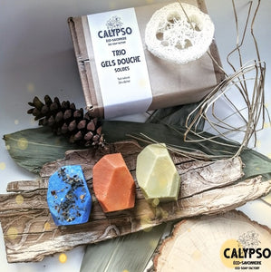COFFRET CADEAU BOX - TRIO DE GELS DOUCHE SOLIDES - solid shower gel - Calypso Éco-savonnerie